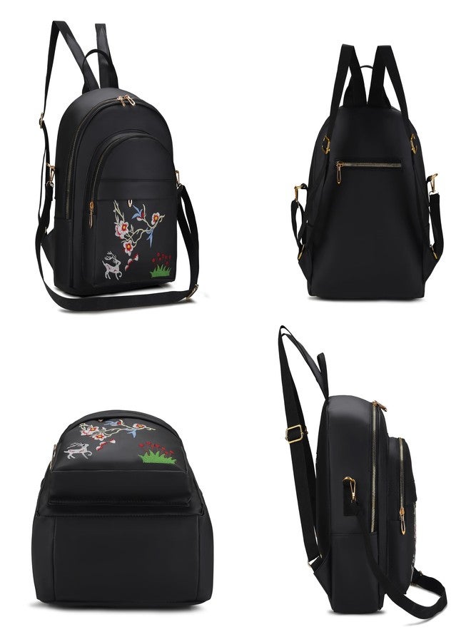 SKUGG 2024 New Flower Embroidered Artistic National Style Oxford Small Capacity Women's Bag Generation Backpack-Black - Image 2